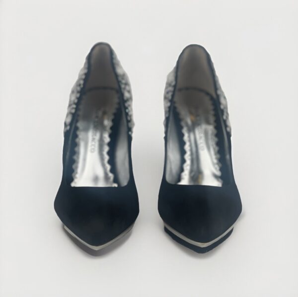 Black Suede Platform Pumps with Large Crystal Detail - Image 2