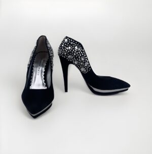 Black Suede Platform Pumps with Large Crystal Detail