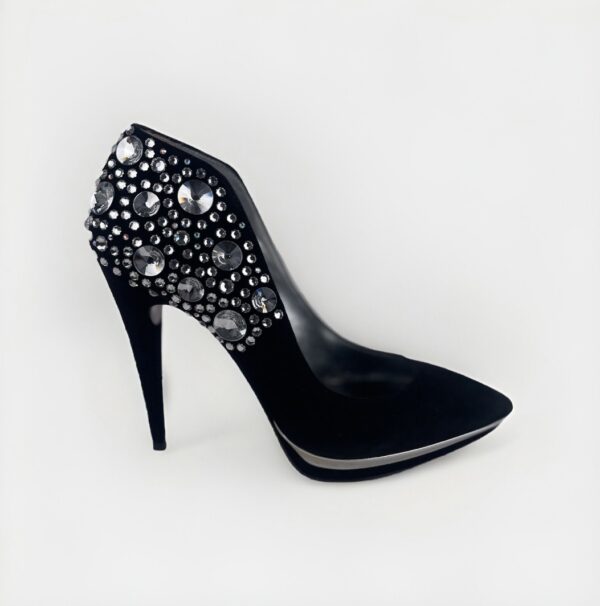 Black Suede Platform Pumps with Large Crystal Detail - Image 3