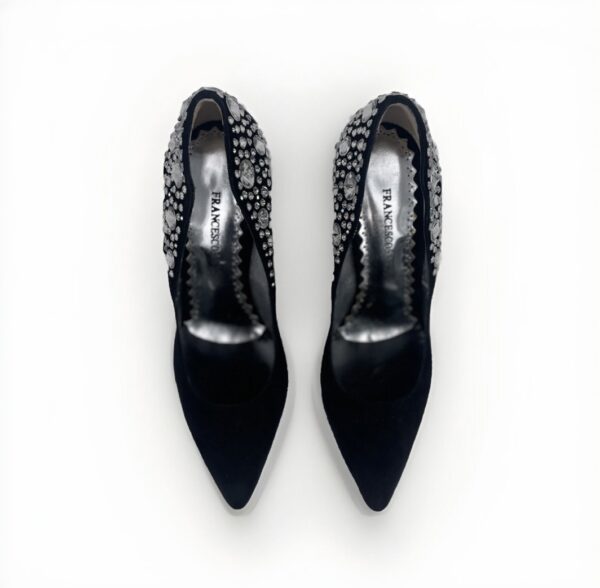 Black Suede Platform Pumps with Large Crystal Detail - Image 6