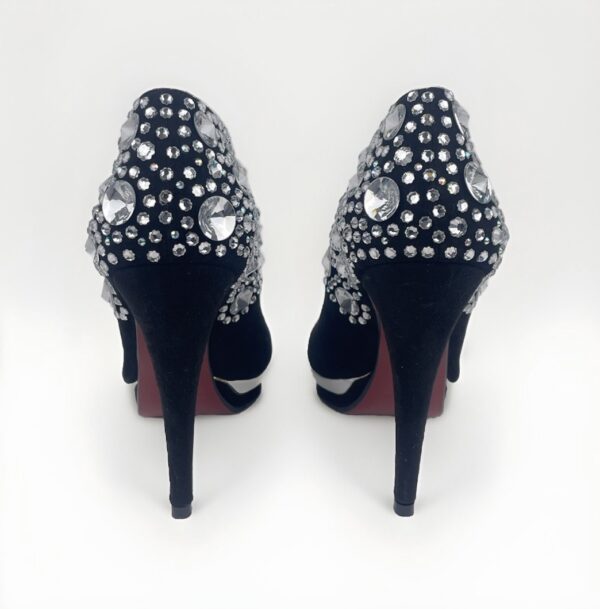 Black Suede Platform Pumps with Large Crystal Detail - Image 5